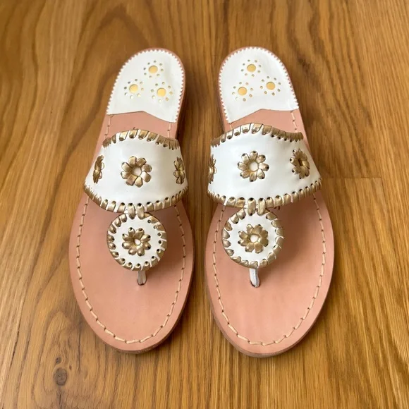 Jack Rogers Nantucket White & Gold Leather Sandal, Women's 5 - NWT/NWB - Picture 1 of 12